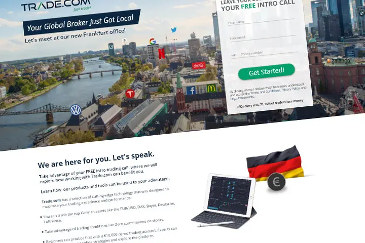 Landing page para la oficina alemana de Trade.com