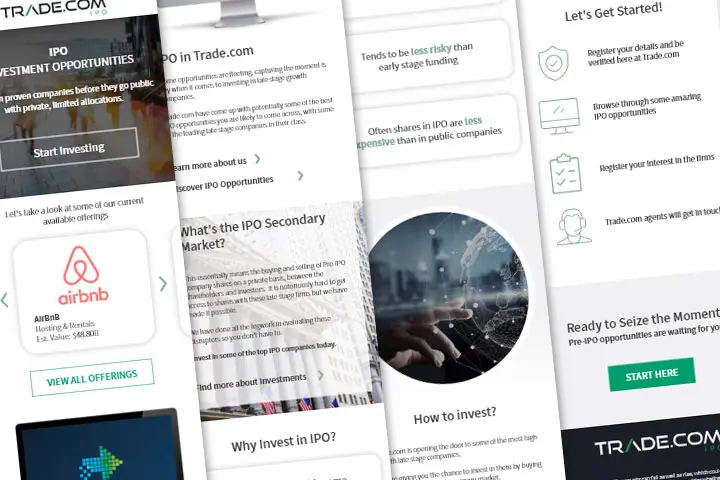Versión móvil de la landing page para Trado.com IPO